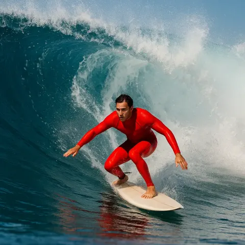 Man Wearing a Vibrant Red Wetsuit Riding a Strong