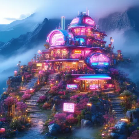Retro Futuristic Mountain Village in Pink Neon