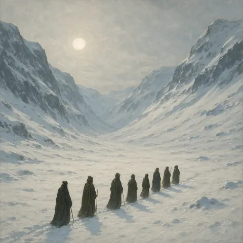 Small Procession of Robed Figures Slowly Makes its Way