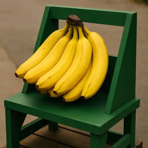 Green-painted Wooden Rack Holding a Cluster of Ripe Yellow Bananas
