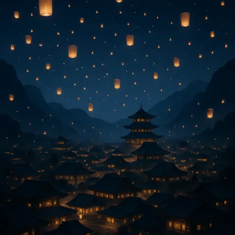 Myriad Distant Lanterns Float Skyward