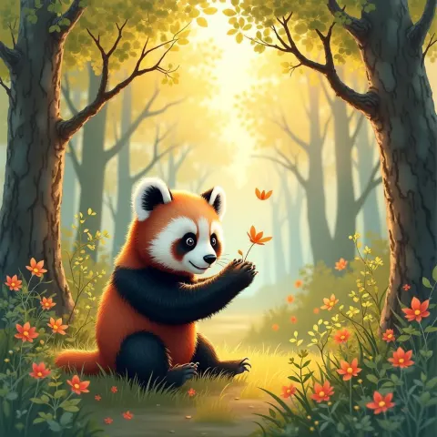 Watercolor Panda Wandering a Whimsical Golden Forest