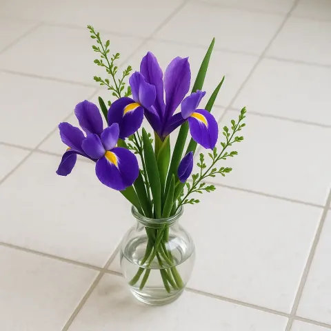 Small Glass Vase Holds Vibrant Purple Irises and Greenery