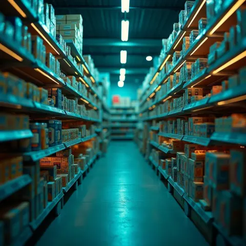Brimming Store Shelves in Warm Cinematic Focus