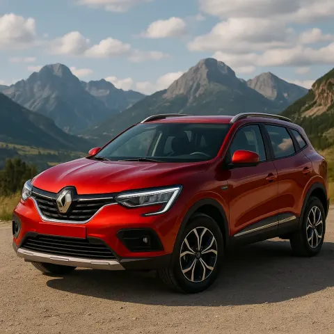 Red Renault SUV Parked Outdoors with a Mountainous Landscape