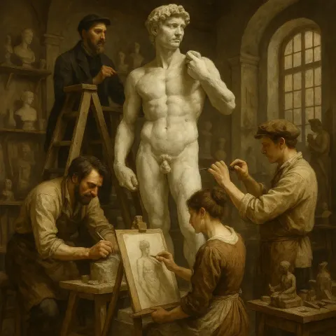 Group of Artists and Sculptors Working on a Large Statue