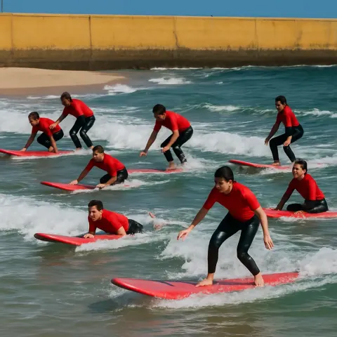 People Wearing Red Shirts and Wetsuits