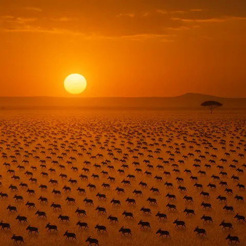 Vast Herd of Countless Tiny Animal Silhouettes Migrates