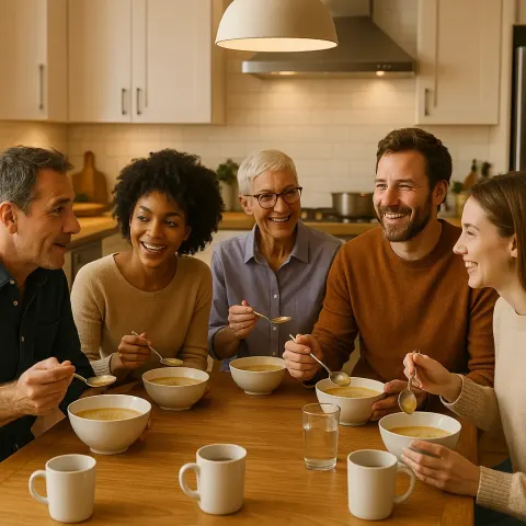 Group of People Gathered in a Kitchen and Dining Area
