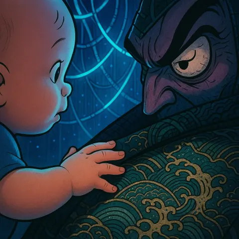 Infant's Disney-Pixar Styled Fingers Graze a Villain's Ukiyo-e Patterned Cyberpunk