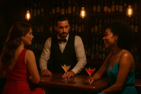 Dimly-lit Bar Scene Featuring a Bartender and Two Women