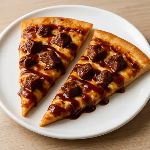 Two Slices of Pizza Topped with Barbecue Sauce