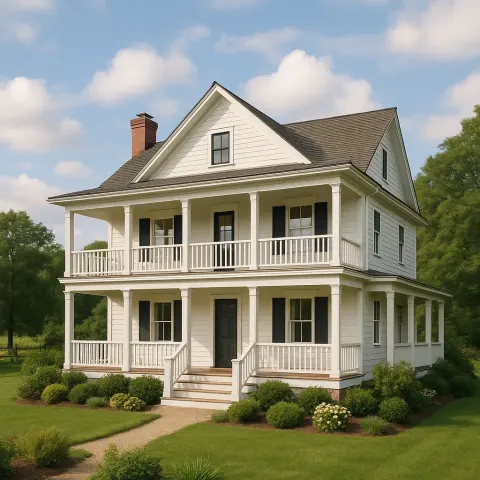 Delightful White Country House Featuring a Balcony