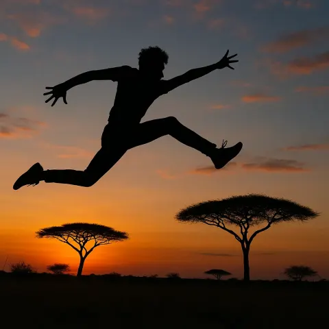 Person's Dynamic Leap Silhouettes Them Against Solitary Acacias