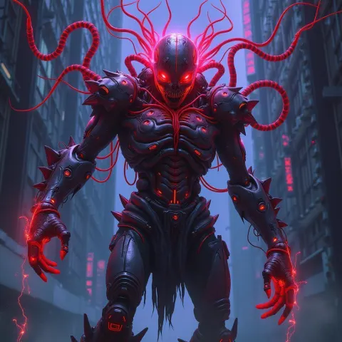 Neon Mechanical Demon With Cybernetic Tendrils