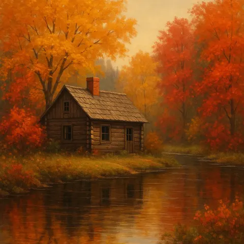 Depict a Tranquil Autumn Scene Showcasing a Charming Wooden Cabin