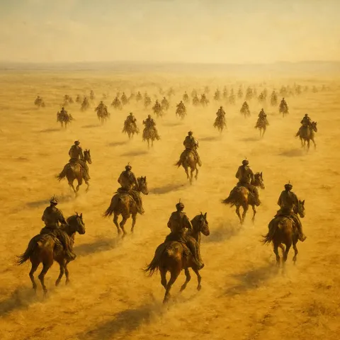 Numerous Distant Figures on Horseback Gallop Across a Vast
