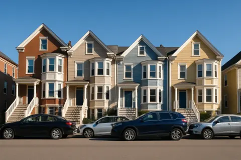 Row of Multi-story Residential Houses with Parked Cars Along
