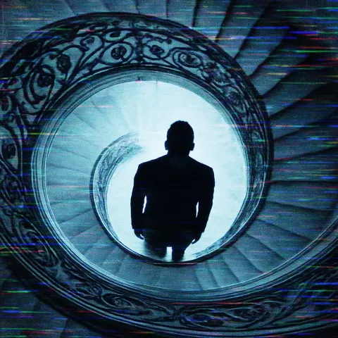 Off-center Villain on an Ornate Spiral Staircase Gazes Skyward