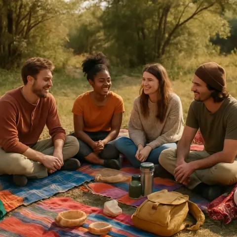 Group of People Sitting on the Ground Surrounded by Colorful