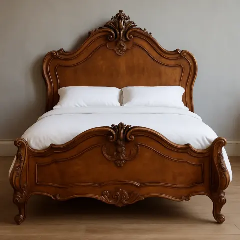 Vintage Wooden Bed Frame Adorned with Intricate Carvings
