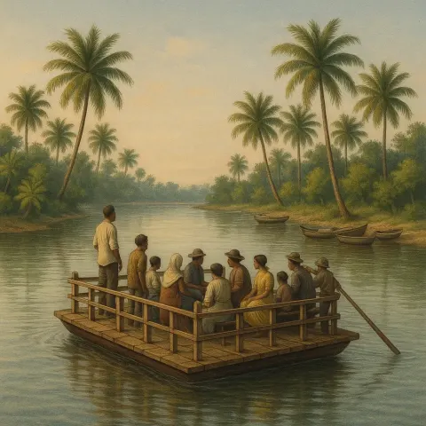 Wooden Raft Ferry Carrying Passengers Across a Calm River