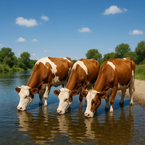 Four Brown-and-white Cows Standing by a River