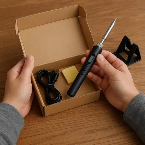 Someone Is Opening the Packaging of a Handheld Soldering Iron