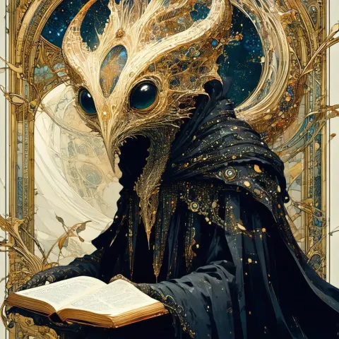 Robed Librarian Creature With a Fractal Singularity Face