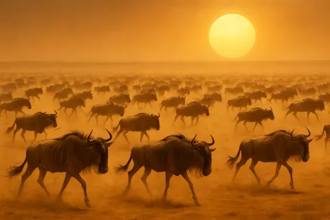 Multitude of Distant Wildebeest Thunder Across a Vast