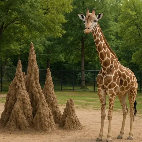 Giraffe Stands near Large Termite Mounds in a Fenced Outdoor