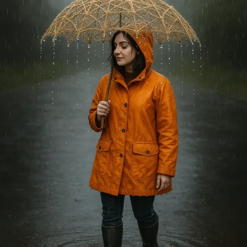 Woman Stands Protected by a Unique Umbrella Crafted from Woven