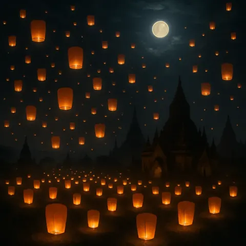 Myriad Paper Lanterns Ascend from a Darkened Valley Floor
