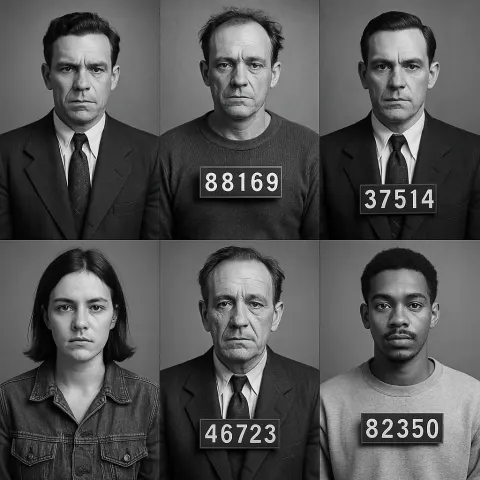 Black-and-white Montage of Six Mugshots Showing Individuals in Various Outfits