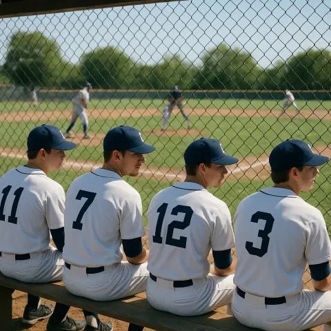 Baseball Players in Uniforms Sit on a Dugout Bench