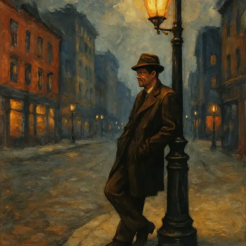 Depiction of a Man Resting Against a Streetlight