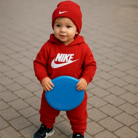 Toddler Wearing a Red Nike Outfit Holds a Blue Frisbee