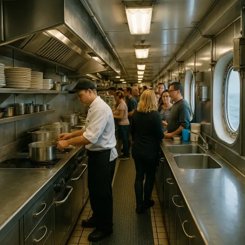 Busy Passenger Vessel's Kitchen Featuring Sleek Stainless Steel Countertops