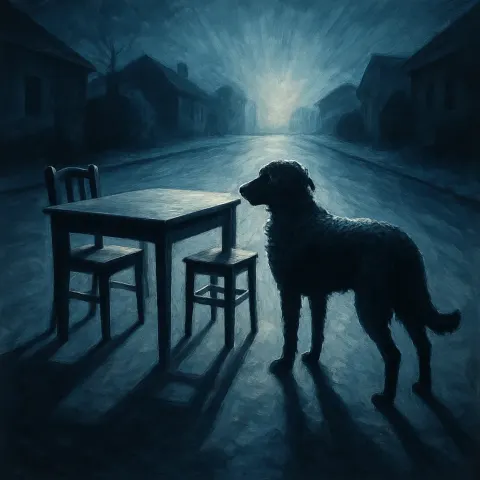 Curly-coated Retriever and Dining Table in a Dusky Cul-de-sac