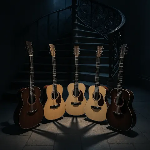 Four Diverse Acoustic Guitars Symbolically Radiate