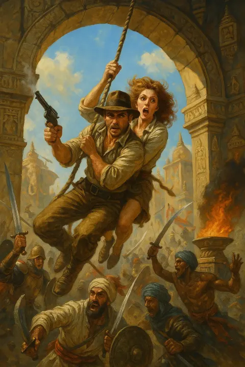 Two Adventurous Characters Swing Dramatically on a Rope