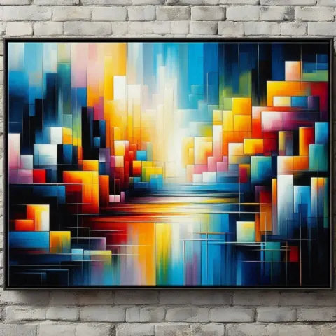 Vibrant Abstract Painting on White Brick Wall