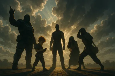 Five Figures Interact Beneath Dramatic Volumetric Clouds and Piercing God