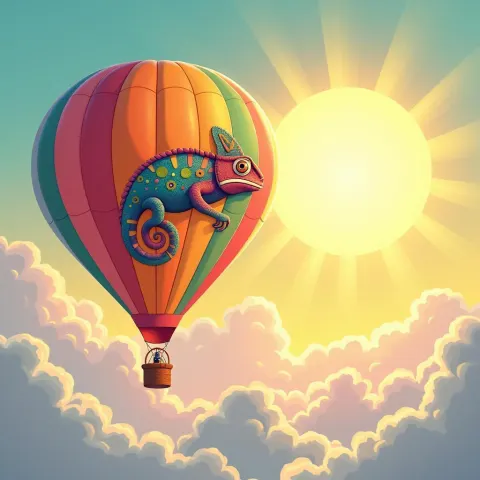 Chameleon Emblazoned Hot Air Balloon Among Candy Clouds