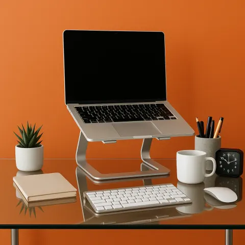 Modern Home Workspace Featuring an Elevated Laptop on a Stand