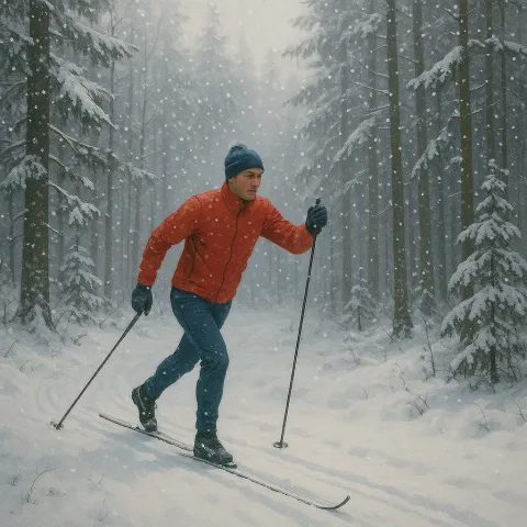 Skier Navigating a Snowy Woodland