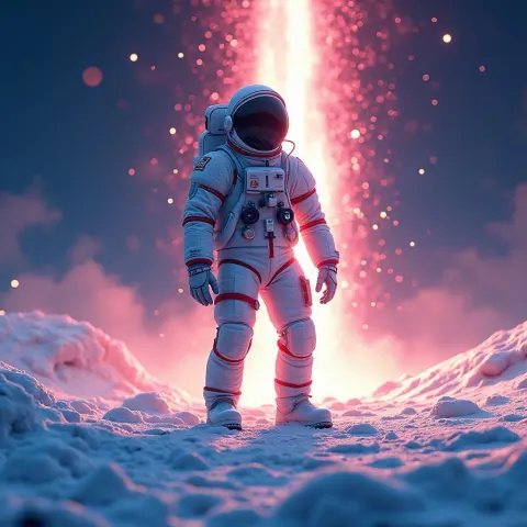 Bold Astronaut Standing in Glowing Digital Snow