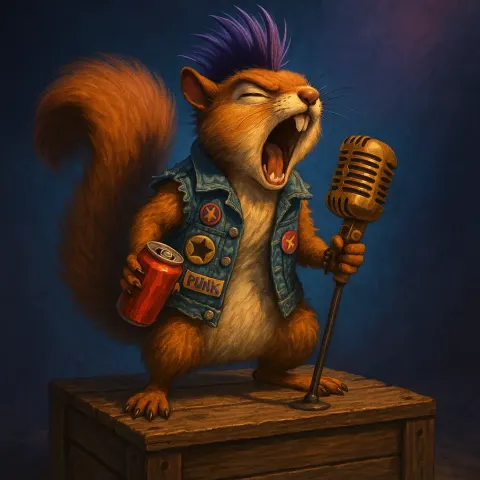 Spirited Squirrel with a Defiant Punk Rock Vibe Takes Center