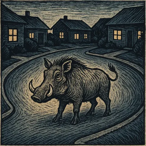 Warthog in a Dusky Cul-de-sac with Warmly Glowing Windows