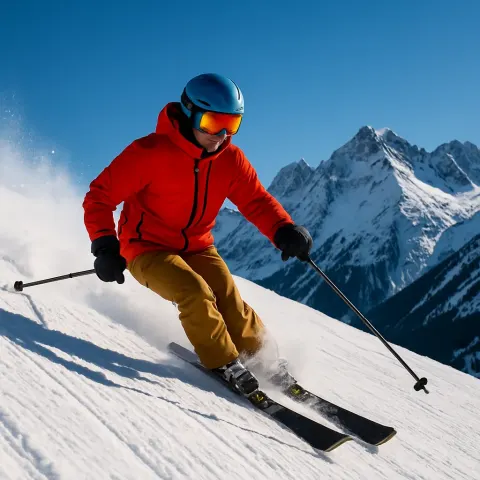 Skier Gliding Downhill on a Snowy Slope